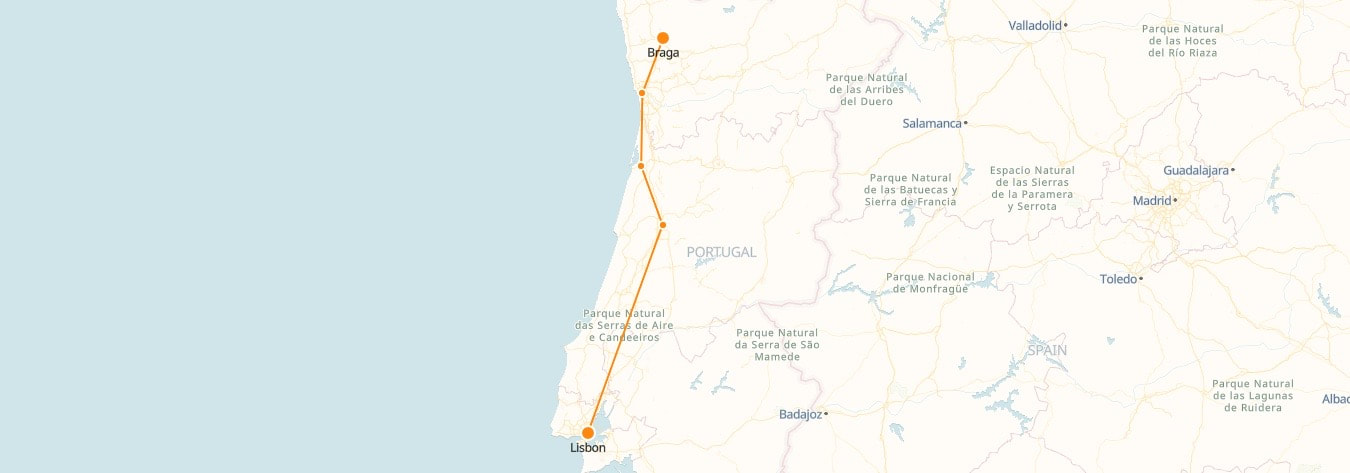 Carte des trains de Braga à Lisbonne