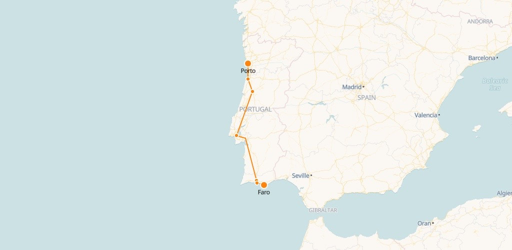 Carte des trains de Faro à Porto