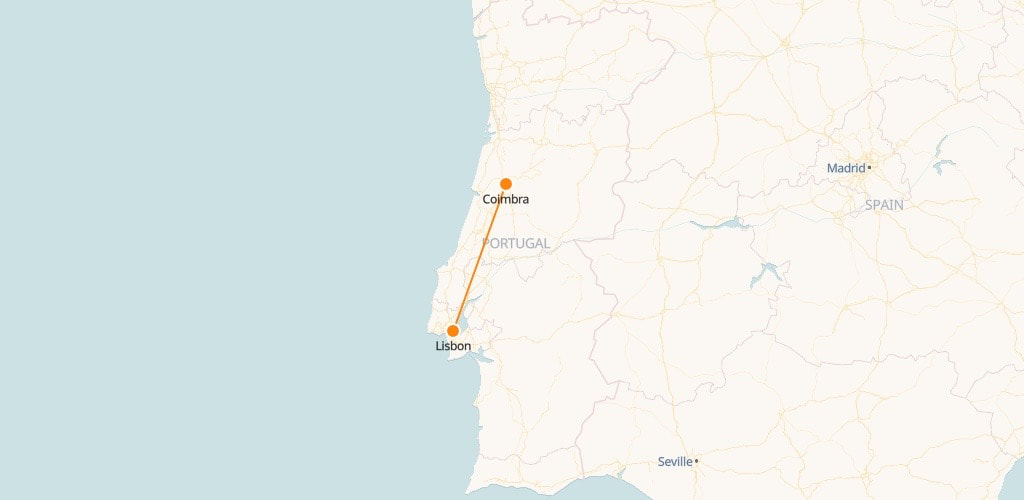 Carte des trains de Coimbra à Lisbonne