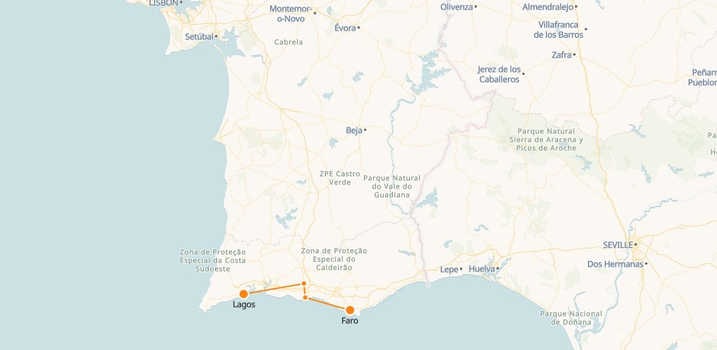 Carte des trains de Lagos à Faro