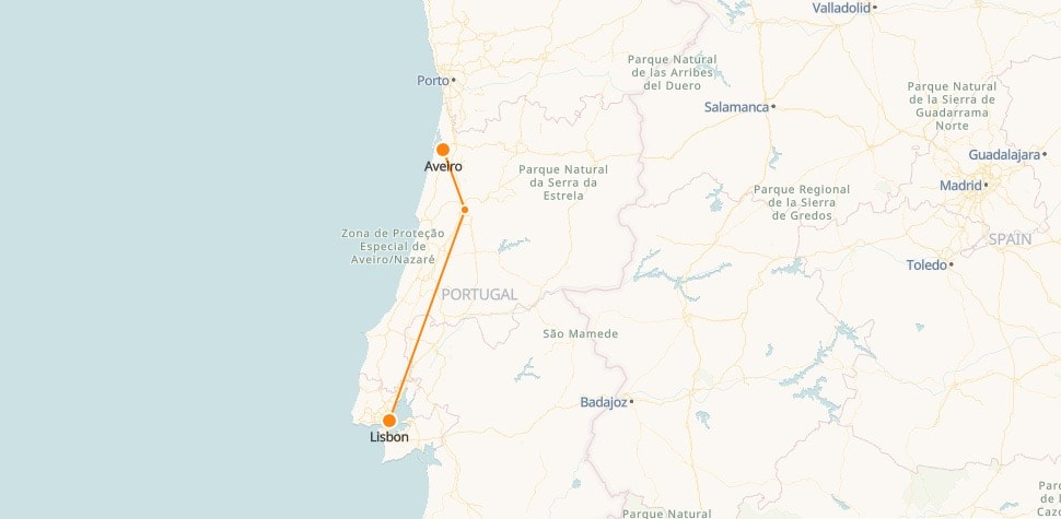 Carte des trains de Aveiro à Lisbonne