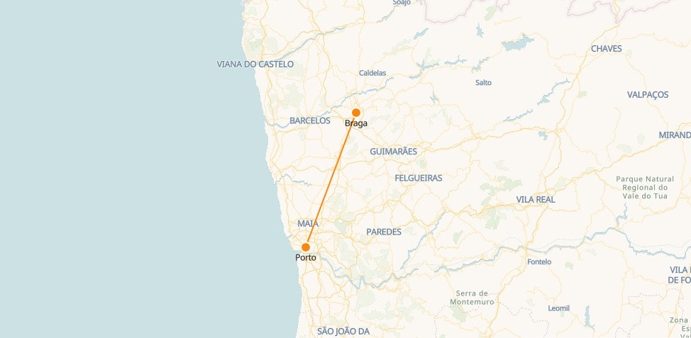 Carte des trains de Braga à Porto