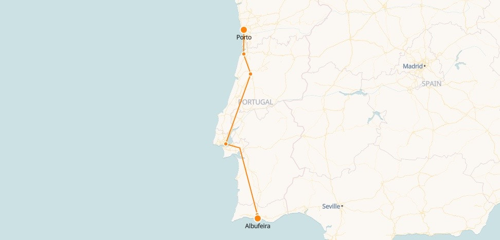 Carte des trains de Albufeira à Porto