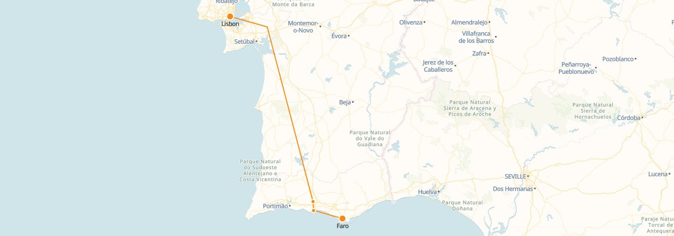 Carte des trains de Lisbonne à Faro