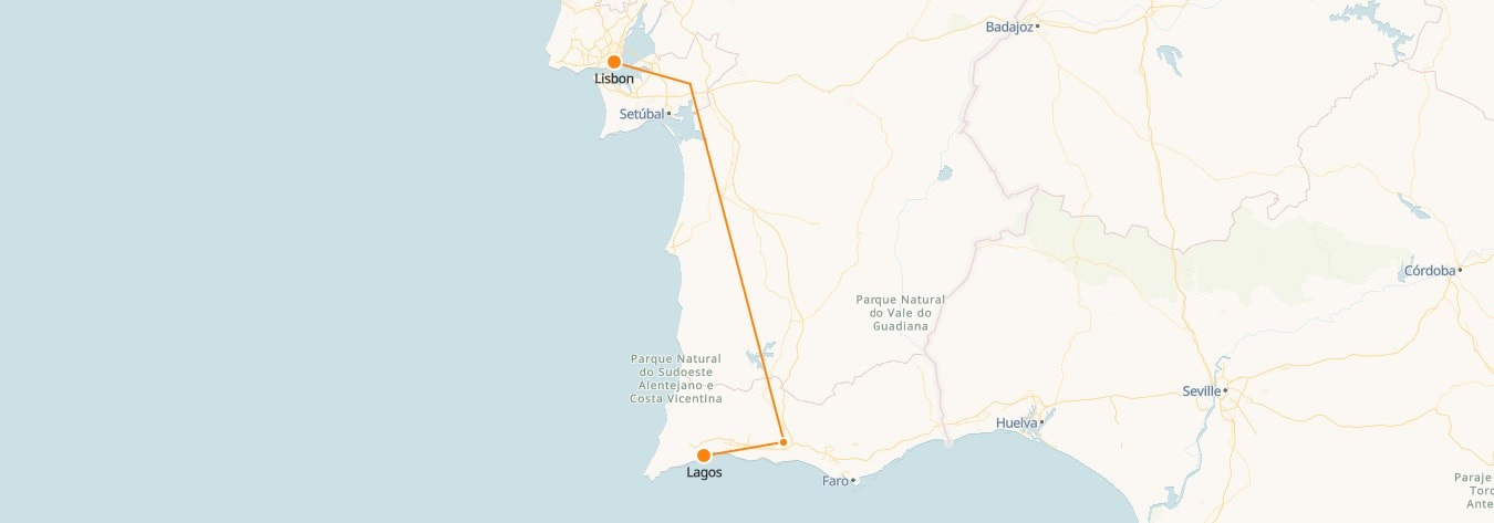 Carte des trains de Lisbonne à Lagos